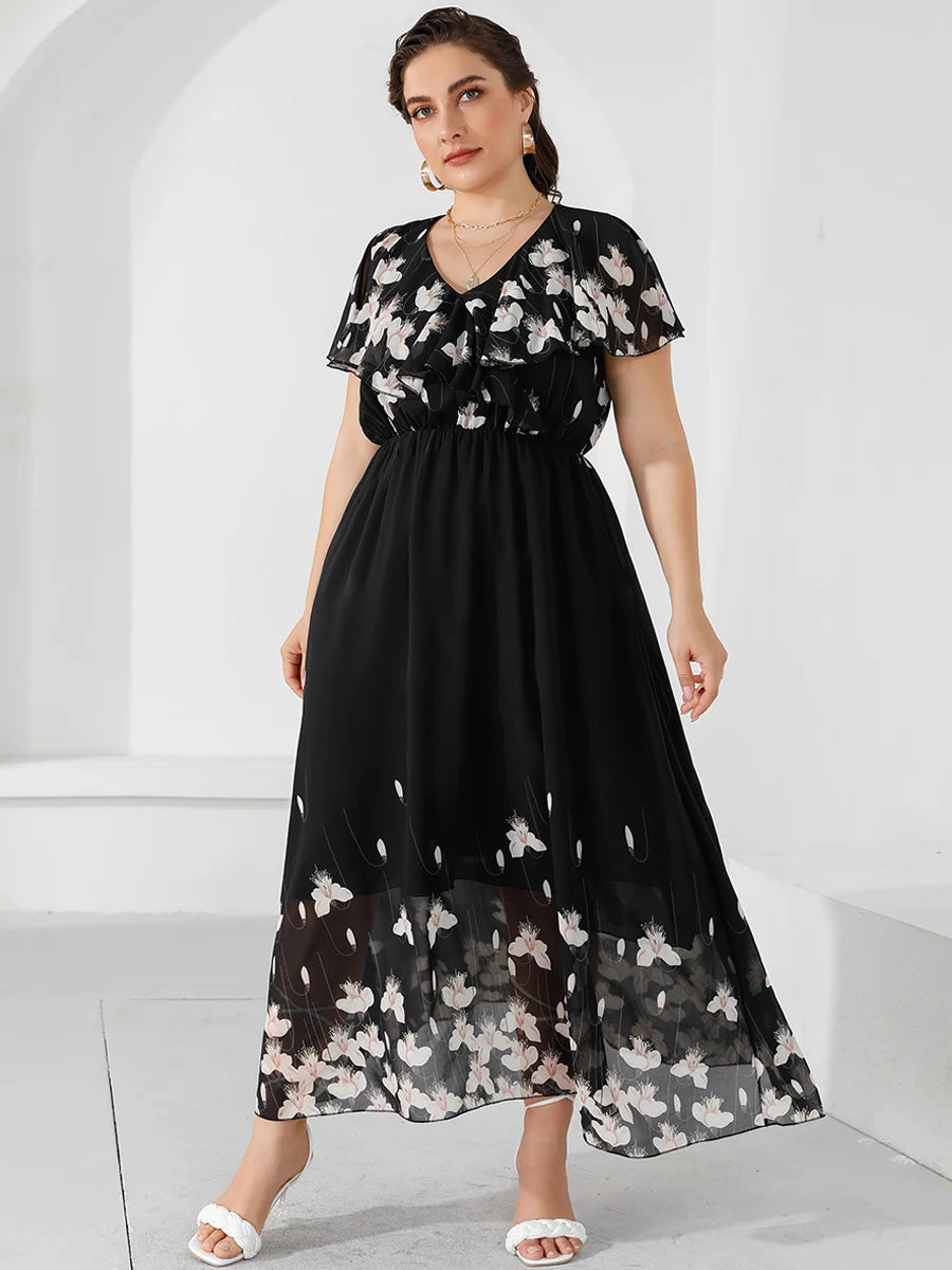 Plus Size Casual Women's Dresses 2023 Summer Ruffles V Neck Short Sleeve Floral Maxi Long Dress Black Chiffon Boho Beach Dresses