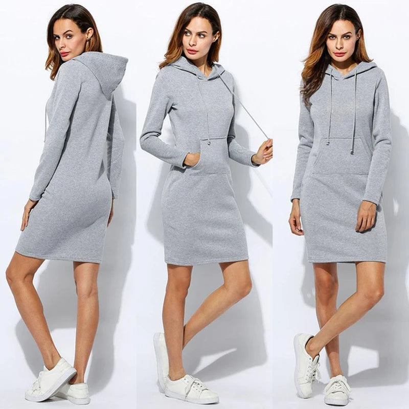 Vestido sudadera con capucha para mujer, vestido informal holgado de manga larga de talla grande, cálido, con bolsillos, por debajo de la rodilla, ropa para primavera e invierno 2021