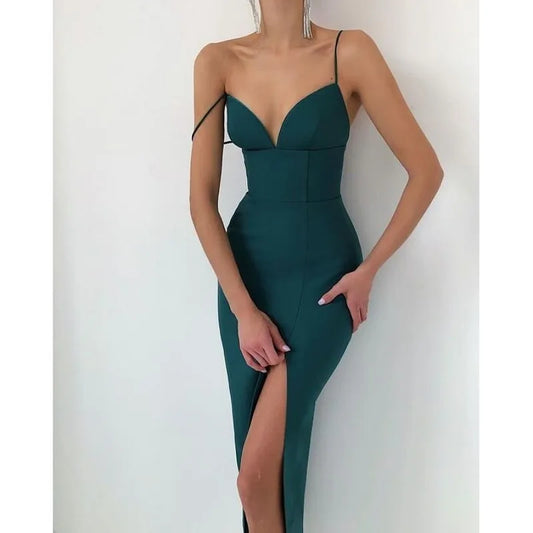 wsevypo Elegant High Slit Midi Bodycon Dress Women Sexy Spaghetti Straps Corset Dress Gown Club Party Vestidos Backless Clothes