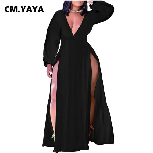 CM.YAYA-vestido de talla grande para mujer, Vestidos largos con escote liso y abertura, moda femenina, Vestidos sexis para discoteca, trajes de otoño