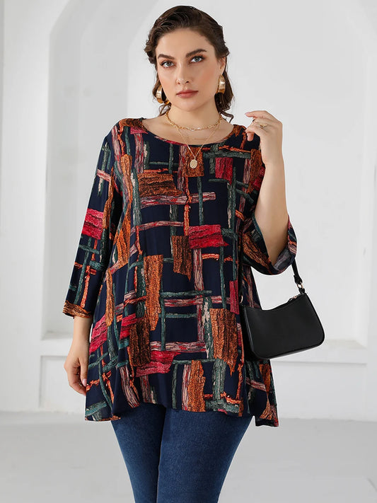 4XL 5XL Plus Size Blouse Women 2023 Summer Three Quarter Sleeve Colorful Print Casual Long Blouse Loose Oversized Ladies Tops