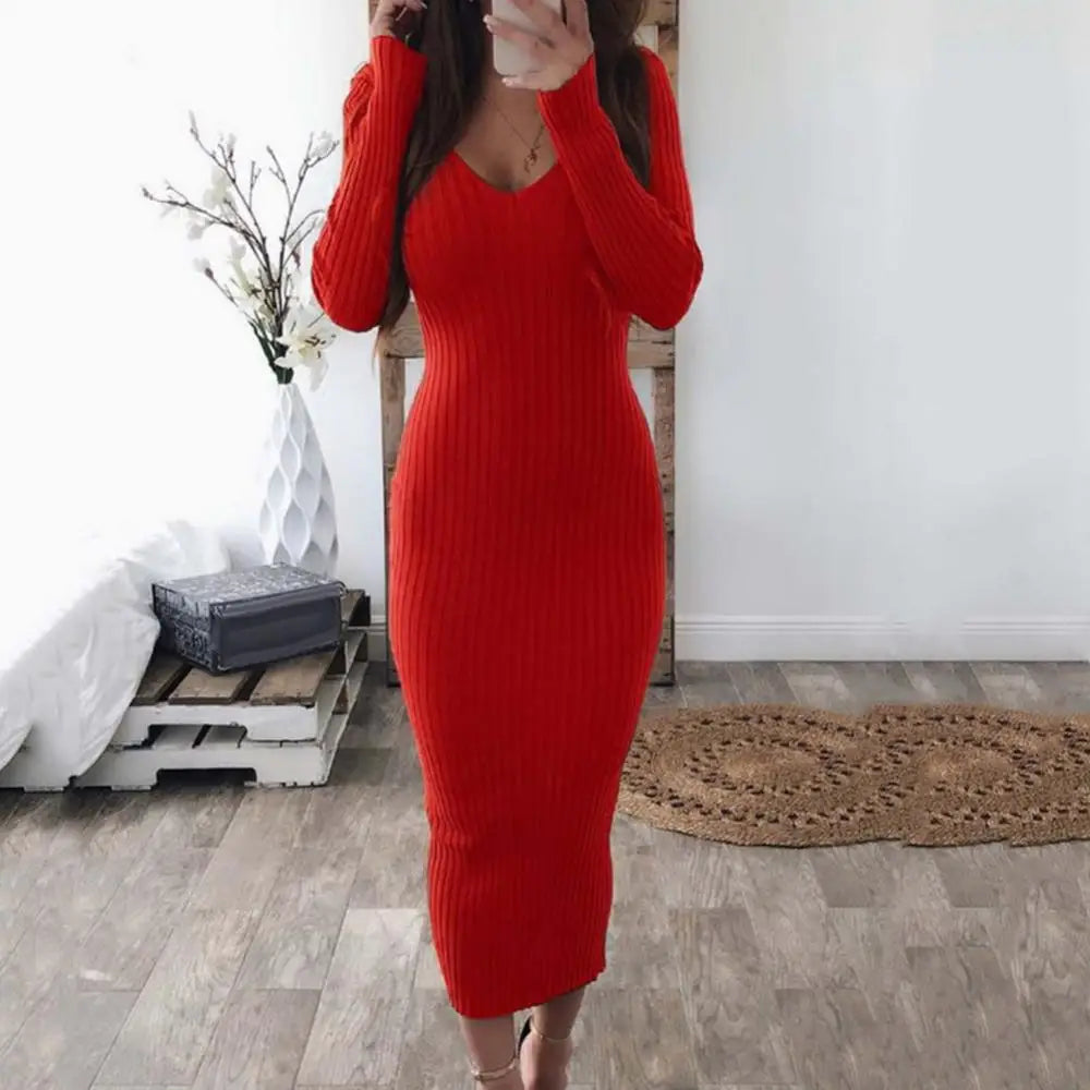 Hot Sale ！ Christmas Casual Dresses for Women 2021 Sexy Women Long Sleeve V Neck Backless Ribbed Bodycon Slim Knitted Midi Dress