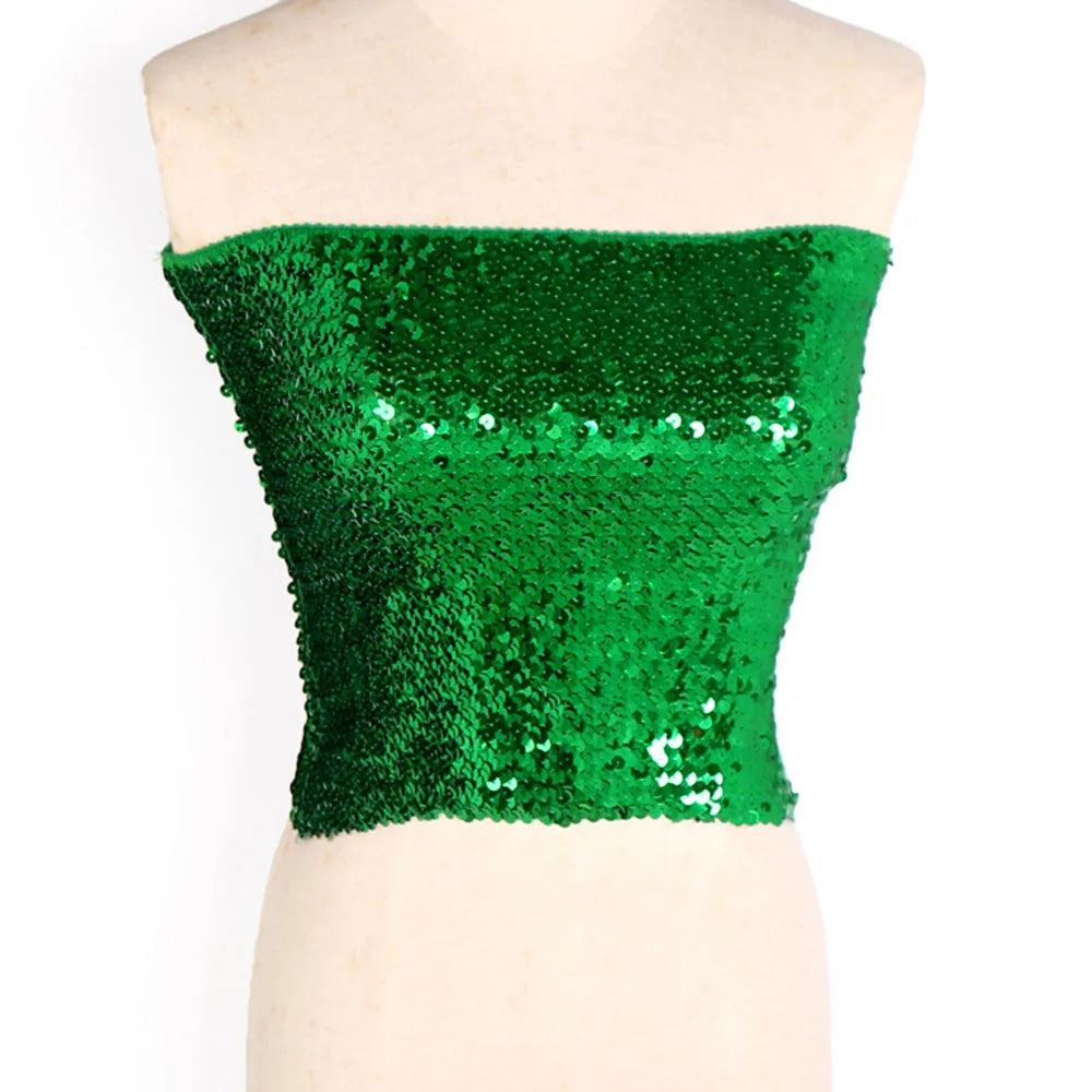 2 Ways Wear Women Summer Party Green Sleeveless Tube Cami Off Shoulder Stage Club Tank Lady Strapless Sequin Crop Top