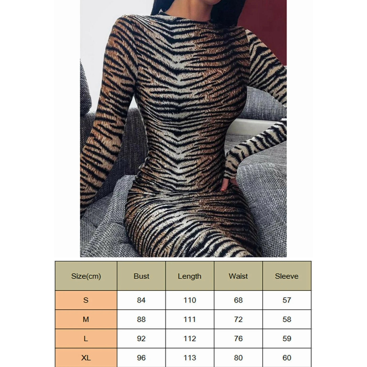 Combhasaki Sexy robe mi-longue femmes imprimé tigre soirée tenue de club col haut manches longues mince extensible robes moulantes