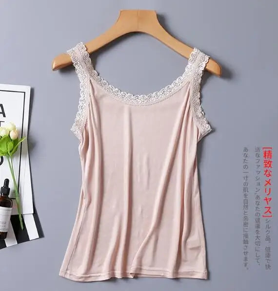 100% Silk Knit Lace Camisole Tank Top Vest Shirt Sleepwear Spaghetti Strap TG312