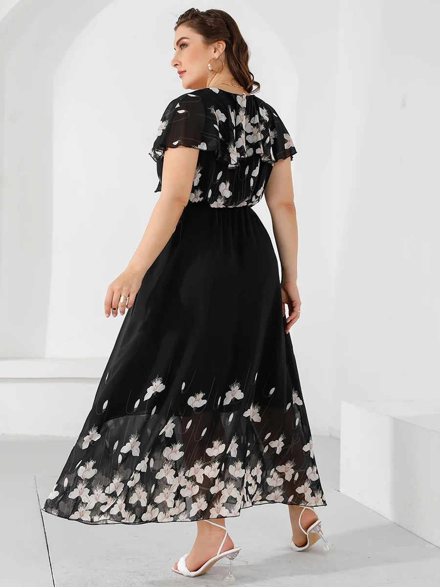 Plus Size Casual Women's Dresses 2023 Summer Ruffles V Neck Short Sleeve Floral Maxi Long Dress Black Chiffon Boho Beach Dresses