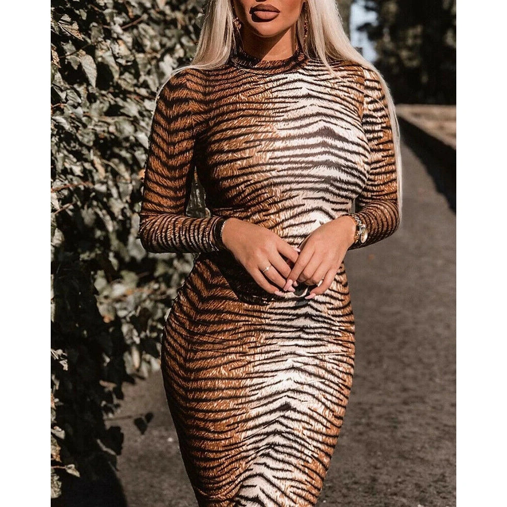 Combhasaki Sexy Midi Dress Women's Tiger Print Evening Party Club wear High Neck Long Sleeve Slim Stretchy Bodycon Dresses