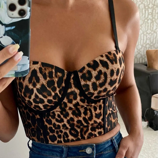 2023 New Women Camisole Top Leopard Printing Stretch Crop Top Underwired Bustier Bra Night Club Party Tank Tops Female Top