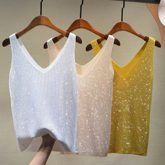 Women's Sexy Sequin Tank Tops Sequin Lace Up Tops V-neck Jacket Basic Camis Vest 2021 Fashion Women Clothing Top Corset