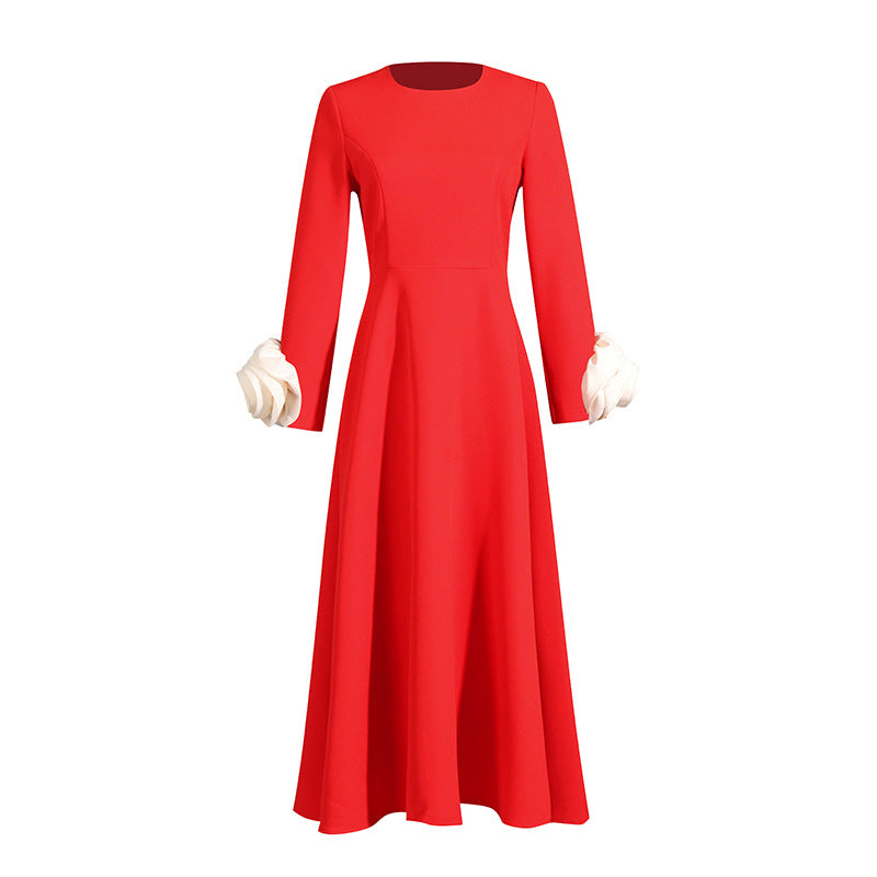 Robe longue élégante à col rond et manches longues pour femme, couleur unie, couture florale tridimensionnelle, automne