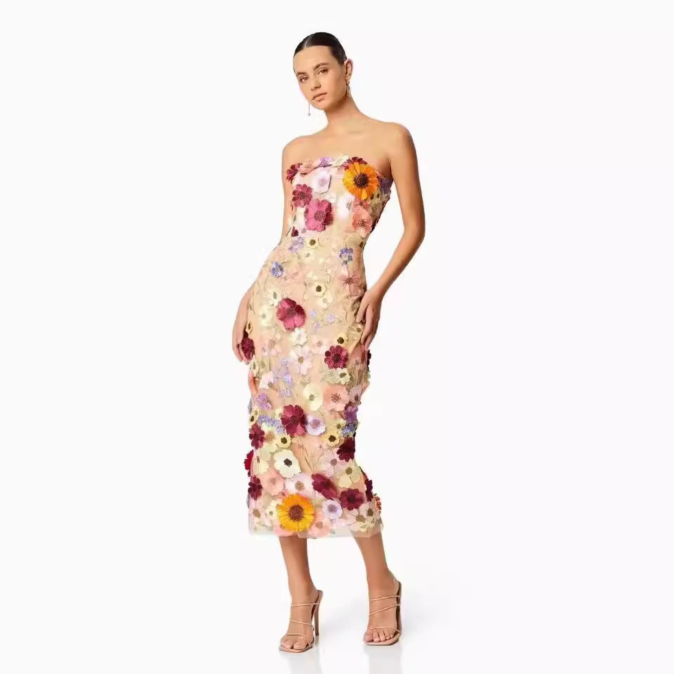 Robe bustier tubulaire Sexy sans manches, couleur tridimensionnelle, brodée de fleurs, Slim, européenne et américaine