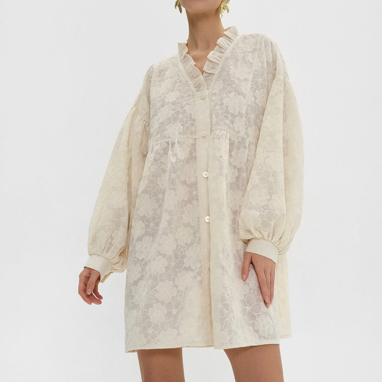 Robe chemise à manches bouffantes en jacquard doux français Robe ample pour femmes Vêtements