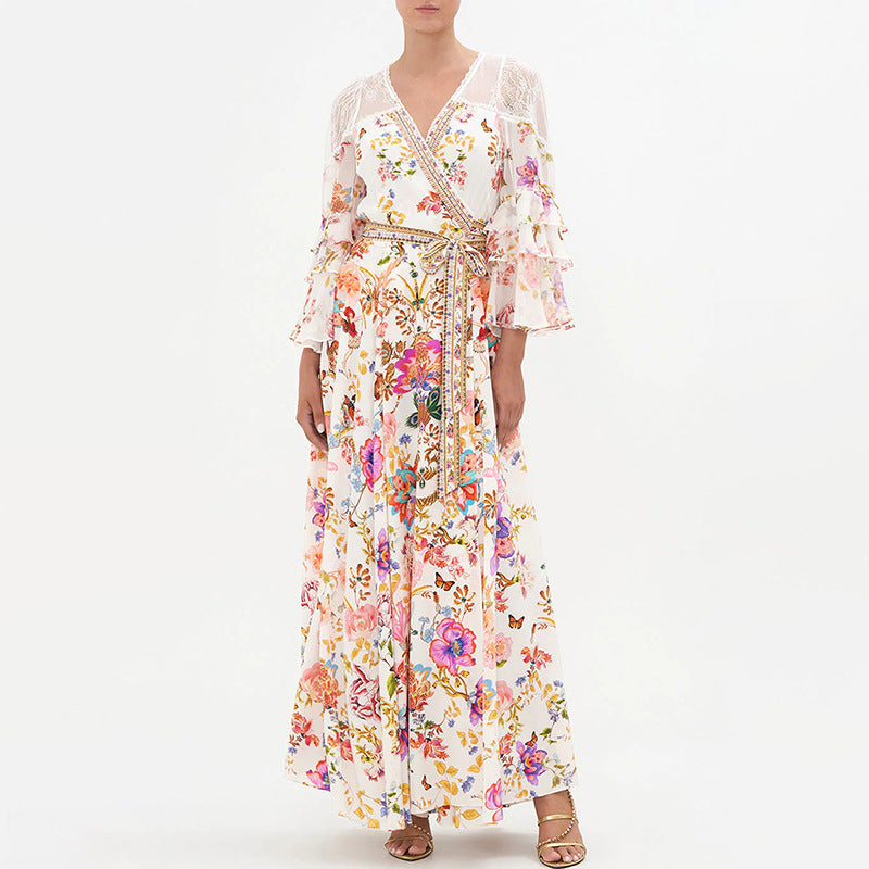 Robe féerique de vacances en bord de mer, col en v, taille à lacets, amincissante, imprimé Floral, Maxi, printemps