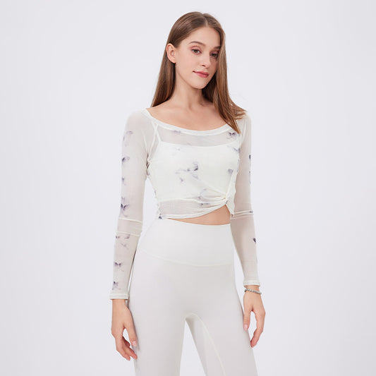 T-shirt de sport en deux pièces à imprimé floral et papillon pour femme, manches longues avec coussinet de poitrine, vêtements de yoga, haut en maille, séchage rapide, vêtements d'entraînement amincissants