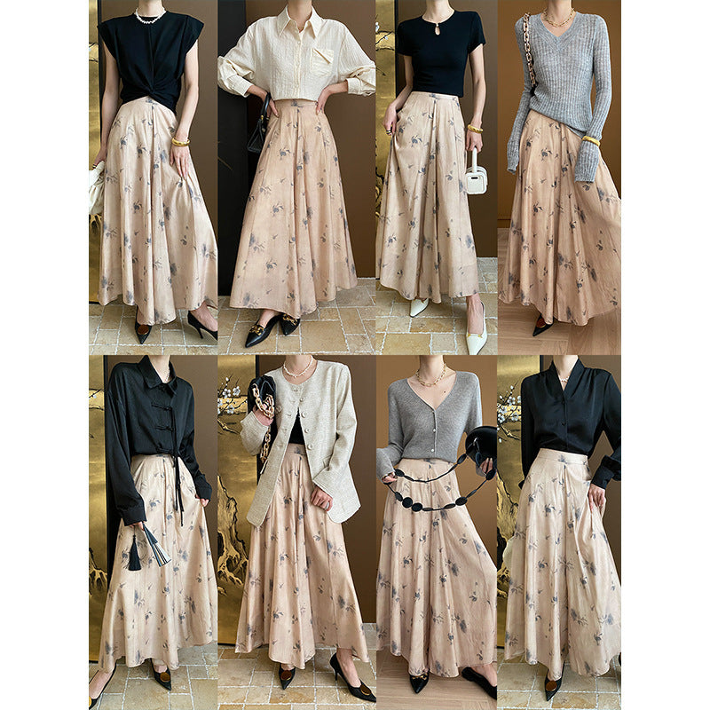 Chinese Zen Ink Painting Floral Drape Wide Leg Skort Early Spring