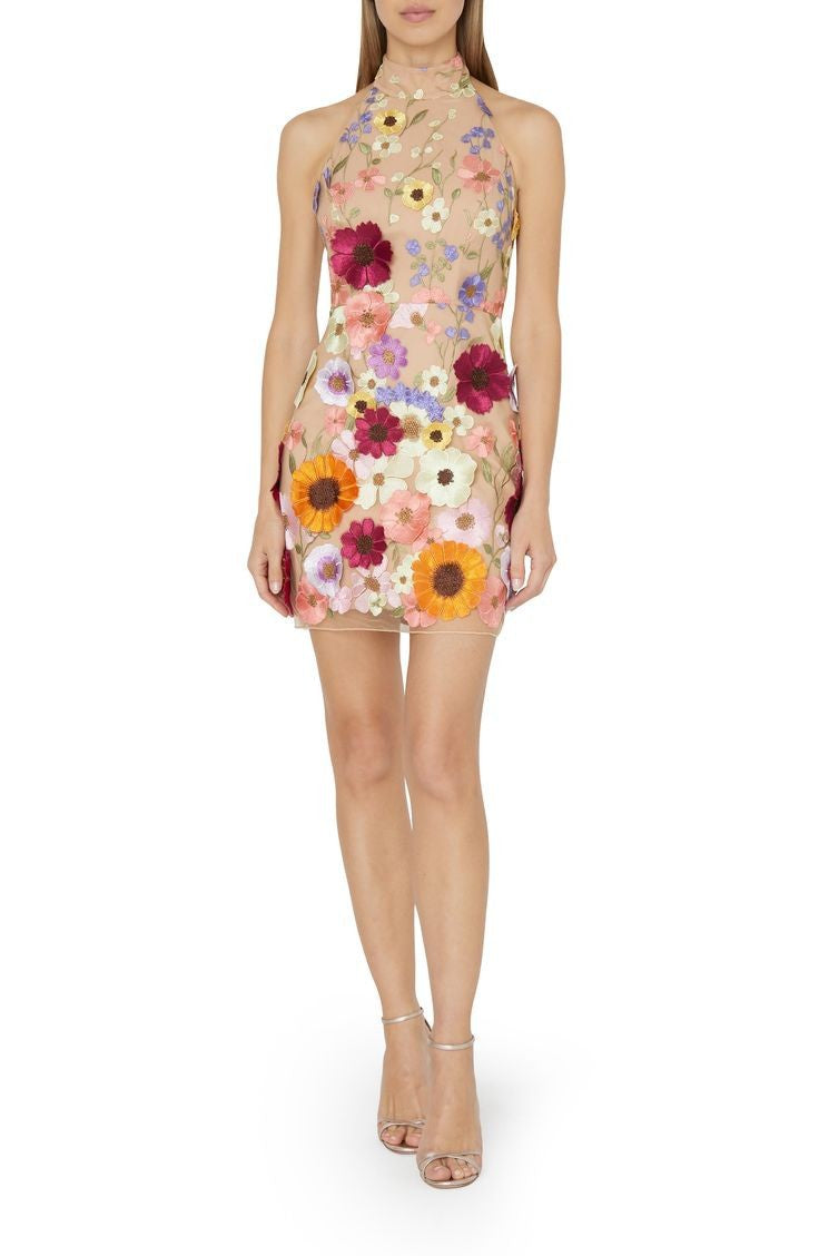 Vestido ajustado con cuello halter y estampado floral tridimensional bordado para mujer