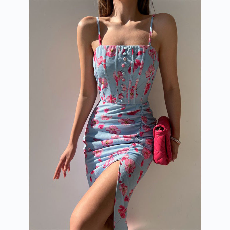 Internet Floral Digital Printing off-Neck Strap Dress