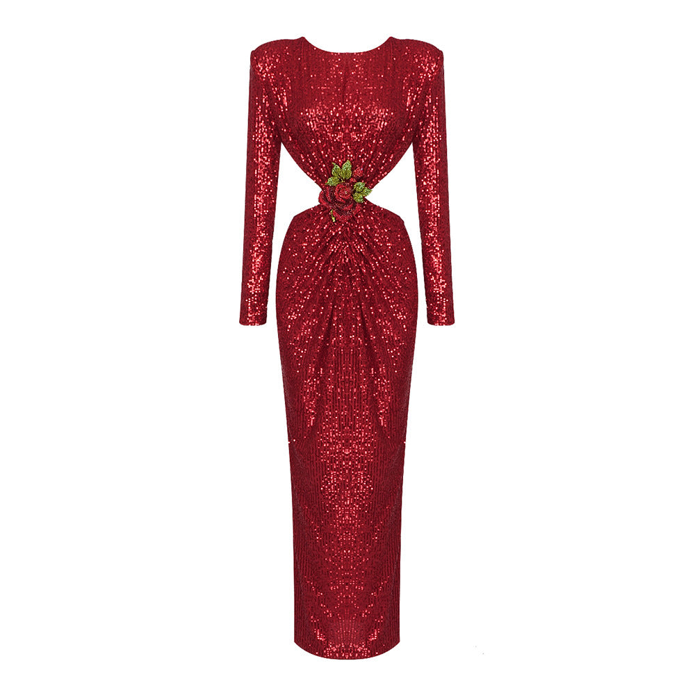 Robe courte à manches longues pour Festival, automne et hiver, rouge, col rond, motif Floral, boucle de ceinture, vêtements de noël pour femmes