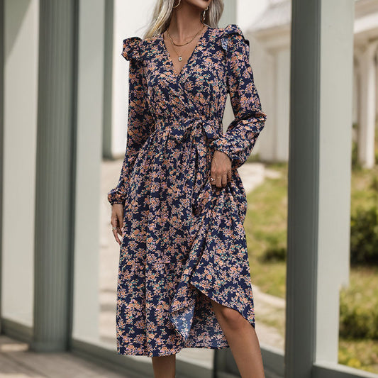 Robe imprimée à manches longues et col en V pour femme, vêtement d'automne à volants