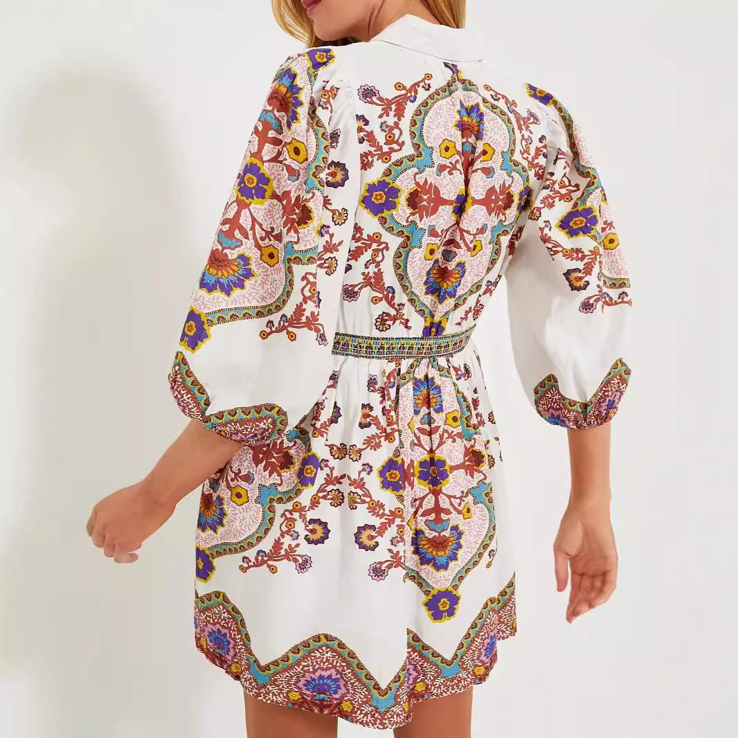 Vestido de otoño con bolsillos y estampado étnico bohemio