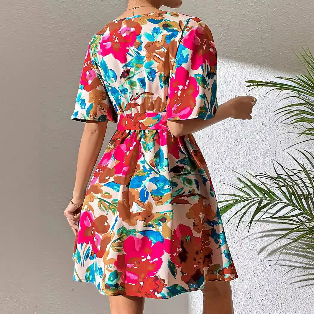 Summer Elegant Lady Floral Print Cross Collar Belt Dress