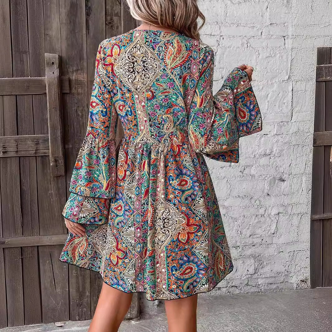 Autumn Winter Elegant Women Floral Print V neck Flare Sleeve Dress