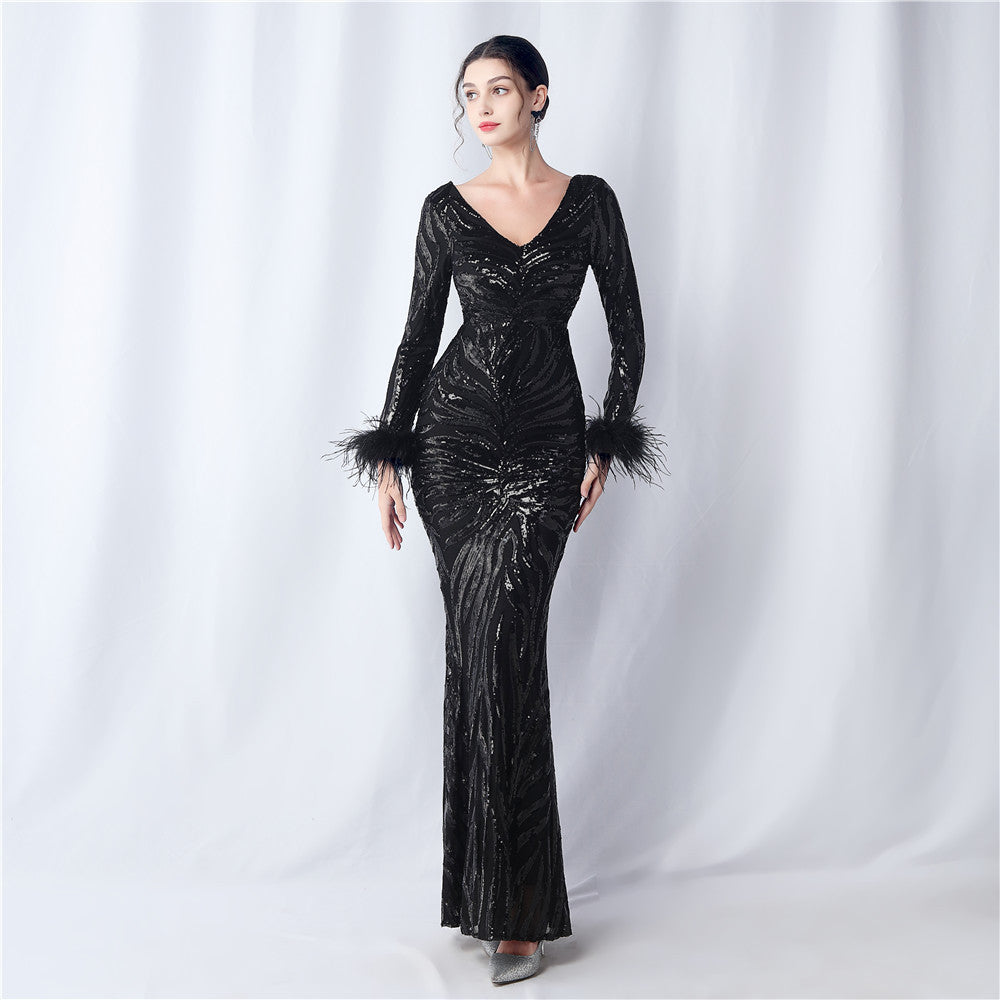 Craft Order Ostrich Feather Positioning Floral Cut Long Sleeve Sequin Evening Dress