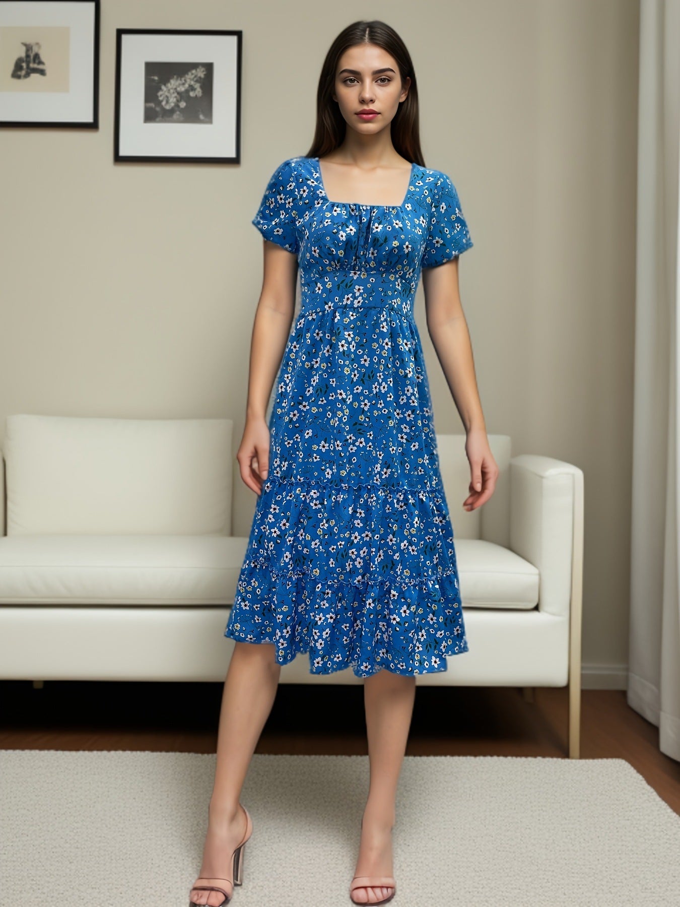 Robe d'été à manches courtes et col carré, robe longue bouffante imprimée florale