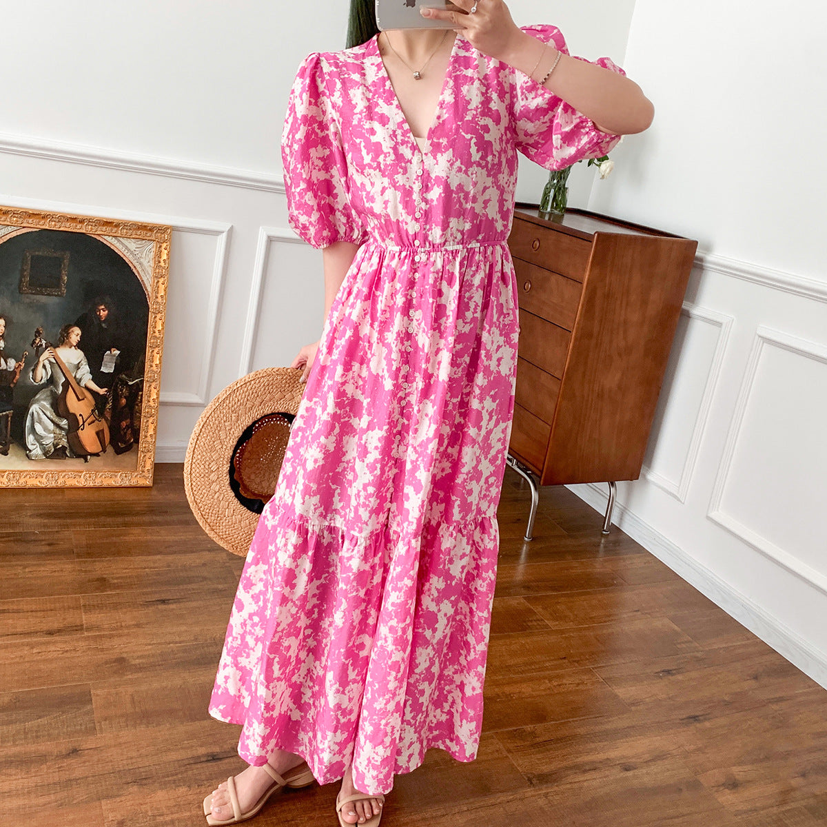 Printemps et été nouvelle robe longue superposée imprimée manches bouffantes Rose rouge