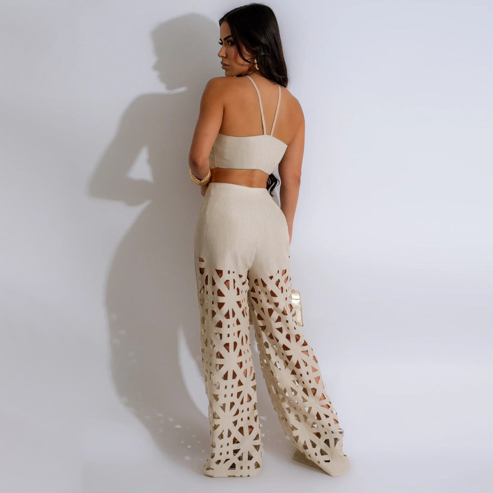 Two Piece Set of Burnt Floral Sexy Camisole Hollow Out Cutout out Wide Leg Pants Women