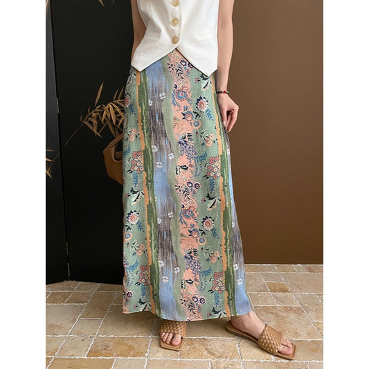 Vacation Oil Painting Color High Waist Straight Split Skirt Long