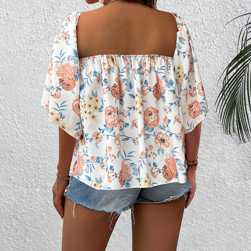 Ropa de mujer Camisa estampada con hombros descubiertos Top de vacaciones