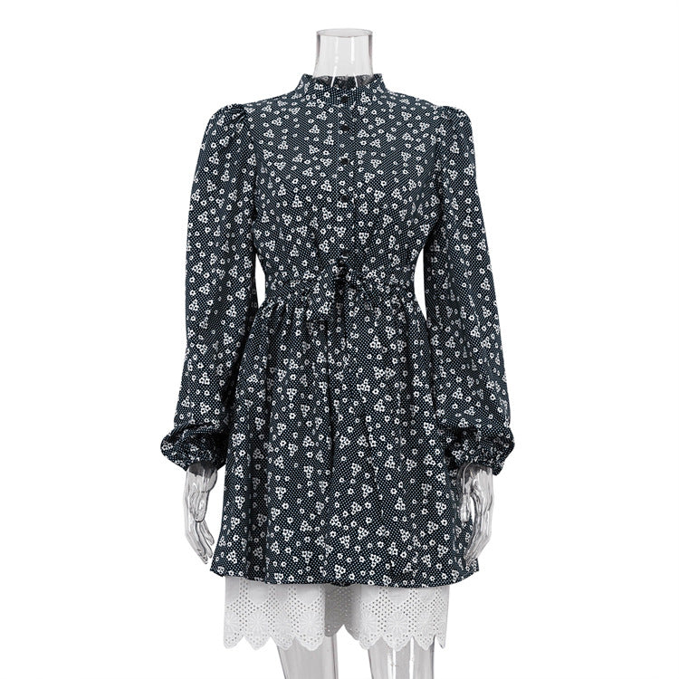 Fall Women Clothing French Elegant Puff Sleeve Floral Dress Women Stand up Collar Cinched Long Sleeve A line Dress