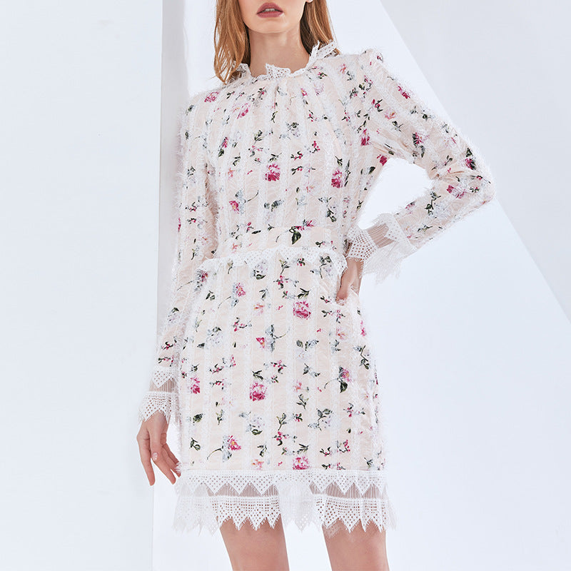 Otoño Invierno chica francesa suave dulce elegante Floral encaje cuello manga larga Vestido corto