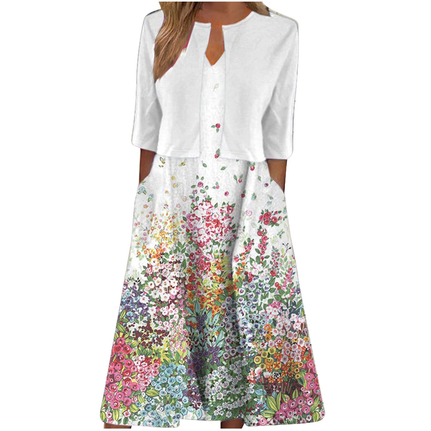 Style ethnique élégant imprimé floral gilet robe cardigan ensemble deux pièces