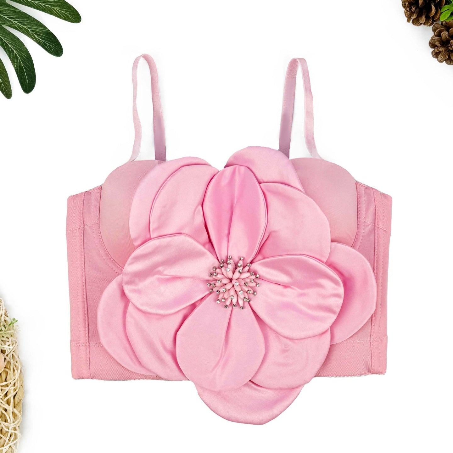 Soutien-gorge une pièce à fleurs perlées créatives en forme de pétales tridimensionnels, corset à armatures, coupe slim, bretelles spaghetti amincissantes