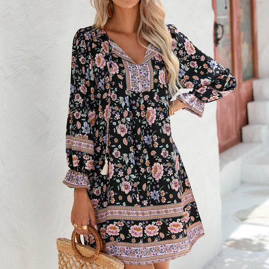 Long Sleeve Bohemian Casual Vacation Positioning Floral Dress