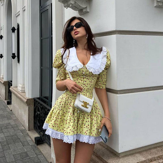 Summer Peter Pan Collar Short Sleeve Floral Dress Graceful Fashionable Tight Waist Petti dress