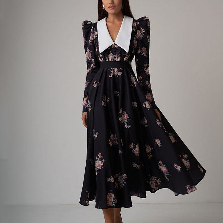 Vestido largo ajustado con cintura controlada y estampado retro de principios de primavera para mujer