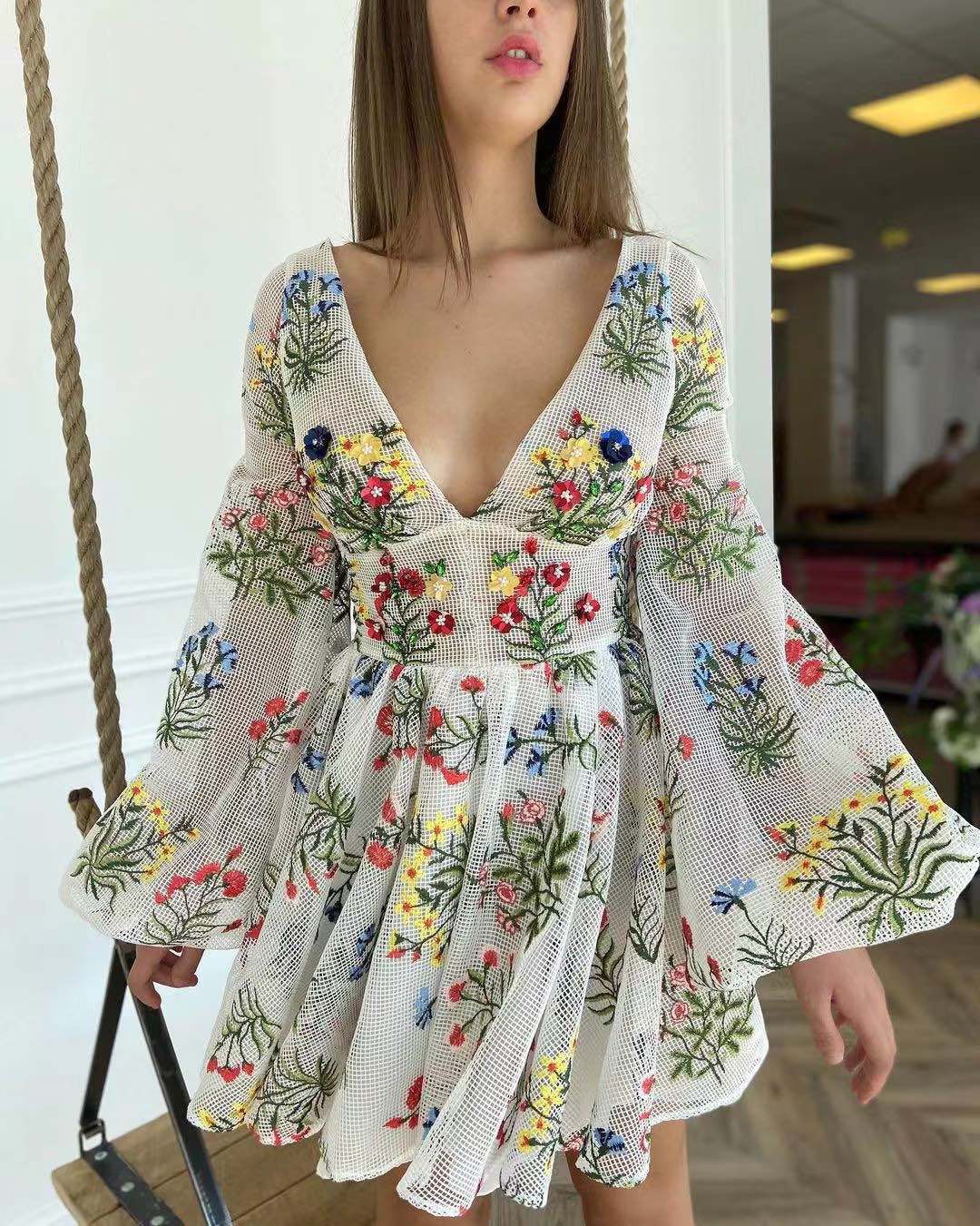 Summer Women Clothing Mesh Embroidered Design Lantern Sleeve Fairy Dress Birthday Party Dress