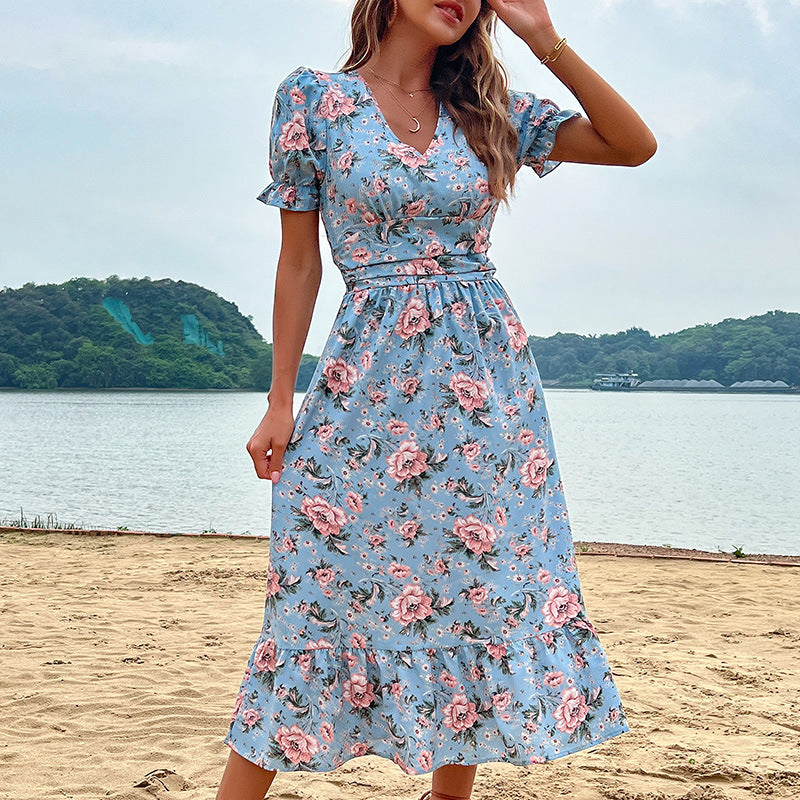 Blue Dress Slimming Summer Seaside Holiday Women Clothing