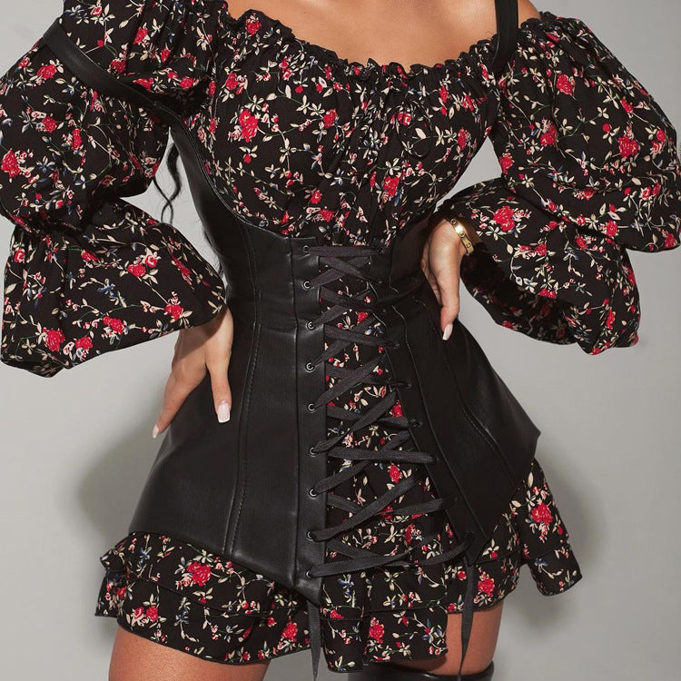 Ropa de mujer Vestido floral de manga larga de otoño con chaleco cintura ajustada que adelgaza un vestido de línea