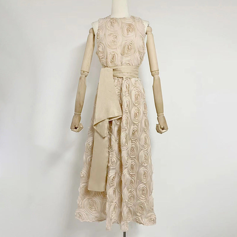 Belle robe d'été pour pause thé française, col rond, sans manches, taille amincissante, motif Floral tridimensionnel, pour femmes