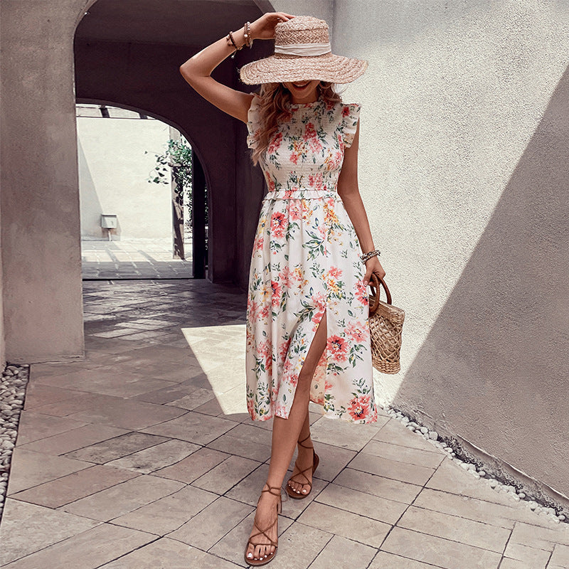 Vestido blanco sin mangas con volantes y estampado de verano para mujer