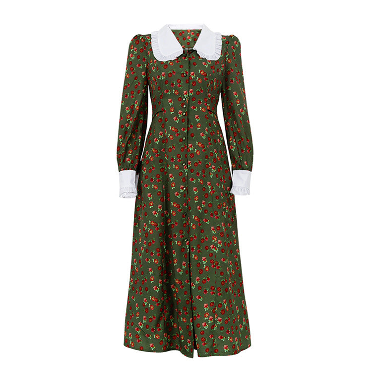 Early Spring Dignified Sense of Design Printed Maxi Dress Doll Collar Waist Slimming Long Sleeve Dress