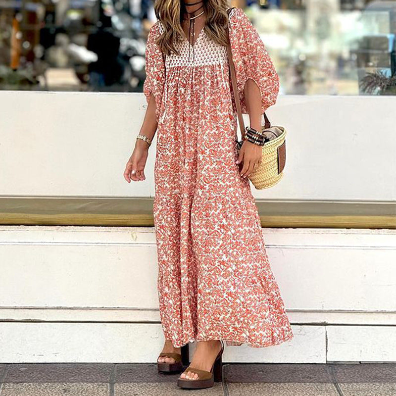 Robe de vacances populaire à manches bouffantes imprimée