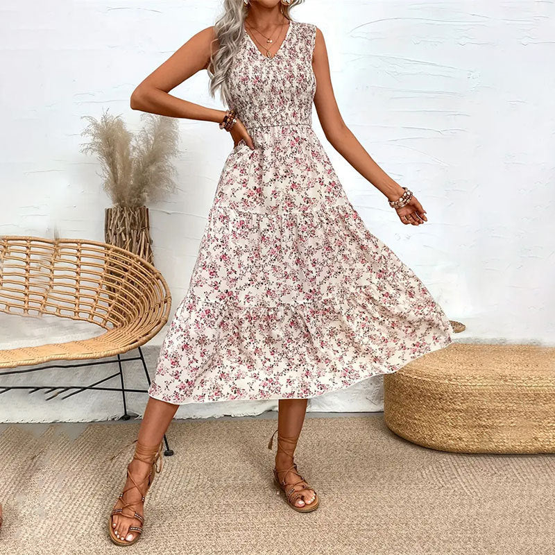 Vestido largo sin mangas ajustado con volantes y estampado Floral para mujer, vestido largo con gradas de diseño para primavera y verano, sin cinturón