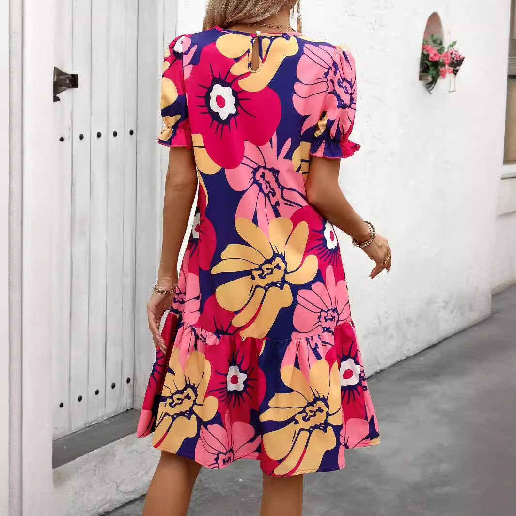 Summer Elegant Women Floral Print Lantern Sleeve Vacation Casual Dress