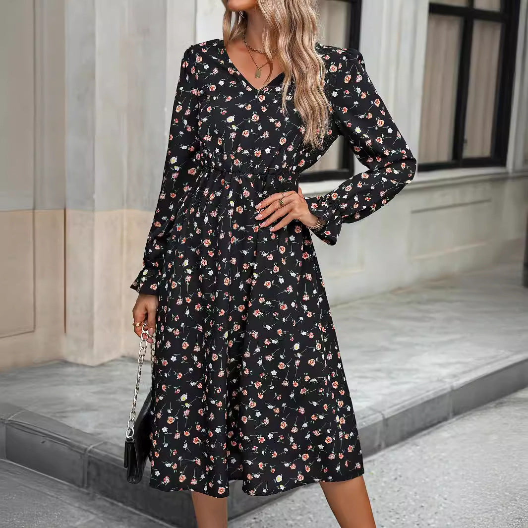 Robe à taille pivotante élégante à imprimé floral pour femme, vêtement pour femme, printemps-automne