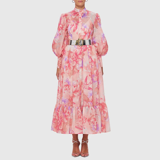 Early Spring Elegant Lantern Sleeve Niche Design Printed Belt Waist Tight Maxi Dress for Women（Belt To The Real Picture Shall Prevail）